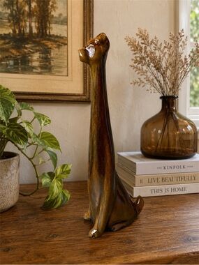 Vintage MCM Long Neck Tall Ceramic Dog Figurine Brown Wood Grain Glaze 14.5